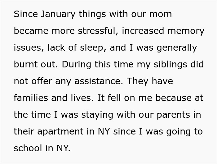 Text excerpt about a son placing mom in care facility, siblings upset, didn't help. Text excerpt about a son placing mom in care facility, siblings upset, didn't help.