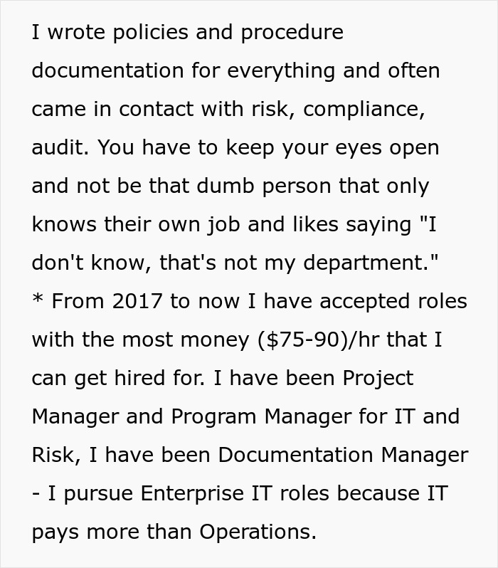 Text describing job roles, risk, compliance, and IT positions, highlighting potential discrepancies in applicant's claims.