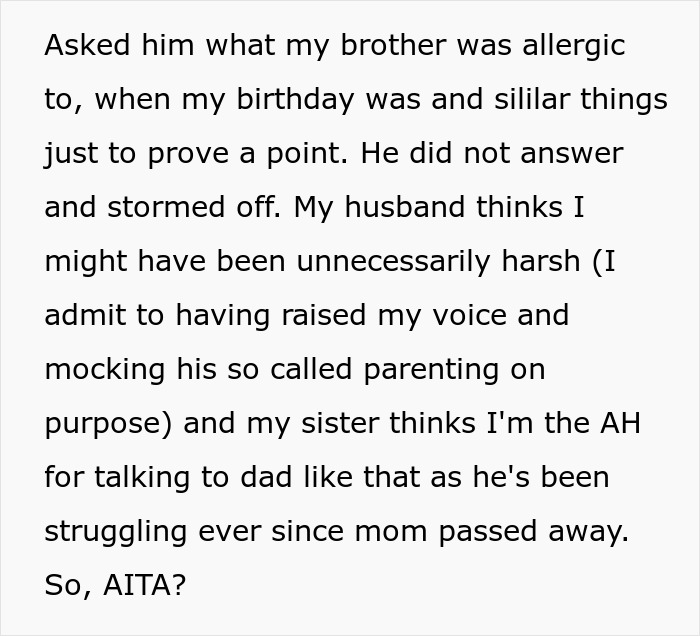 Text discussing a heated family argument over babysitting and perceived incompetence.