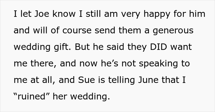 Text screenshot discussing wedding gift, attendance conflict, and accusation of ruining the wedding.