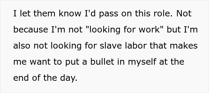 Candidate rejects job offer due to unreasonable expectations and low salary, expressing frustration in a text response.