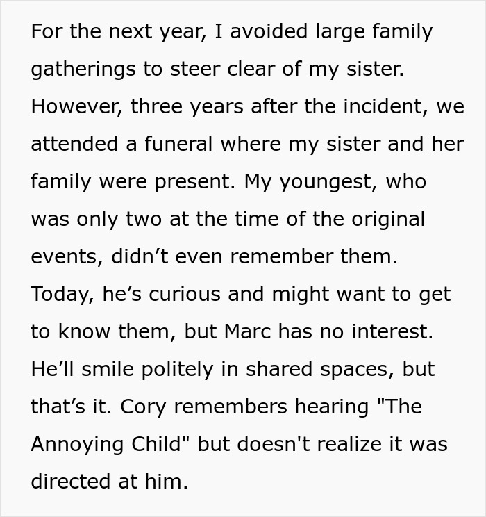 Text discussing avoidance of family gatherings after conflict with sister.