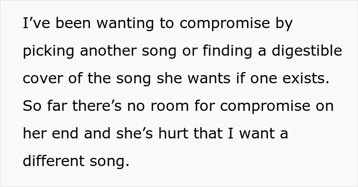 Text about a groom trying to compromise on wedding music, rejecting his mom&rsquo;s Christmas song choice.