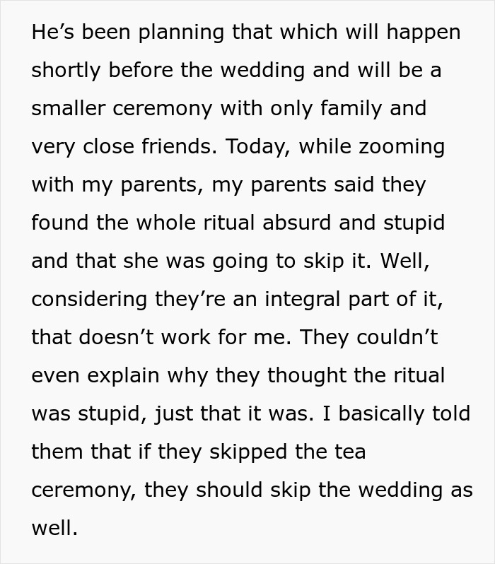 Text discussing a bride banning her parents from her wedding due to mocking her fiancé's tradition. Text discussing a bride banning her parents from her wedding due to mocking her fiancé's tradition.
