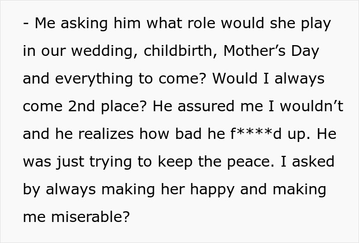 Text about fianc&eacute;'s mom role in wedding and future, expressing frustration and questioning priorities.