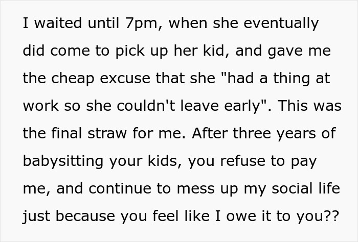 Text excerpt about sister exploiting her brother as a free babysitter, featuring a heated message. Text excerpt about sister exploiting her brother as a free babysitter, featuring a heated message.