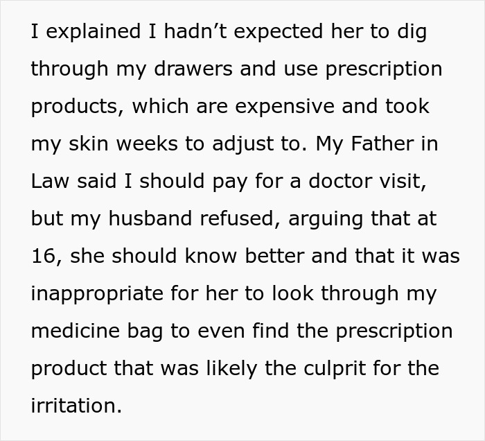 Text discussing teen using sister-in-law's prescription products, leading to chemical burns and family disagreement. Text discussing teen using sister-in-law's prescription products, leading to chemical burns and family disagreement.