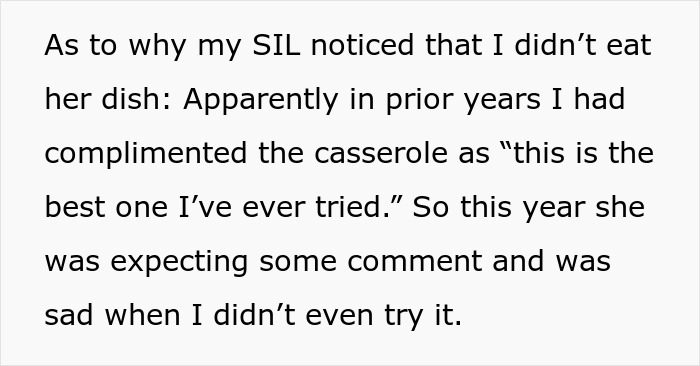 Text discussing a sister-in-law's disappointment over an uneaten Thanksgiving dish.