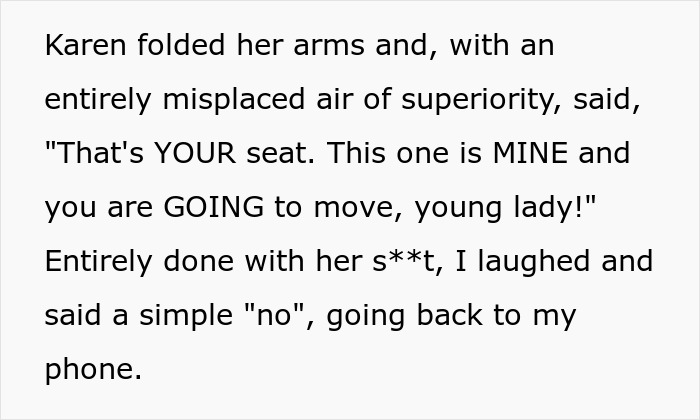 Angry woman demands a seat at the shopping mall, crossing her arms and asserting dominance.