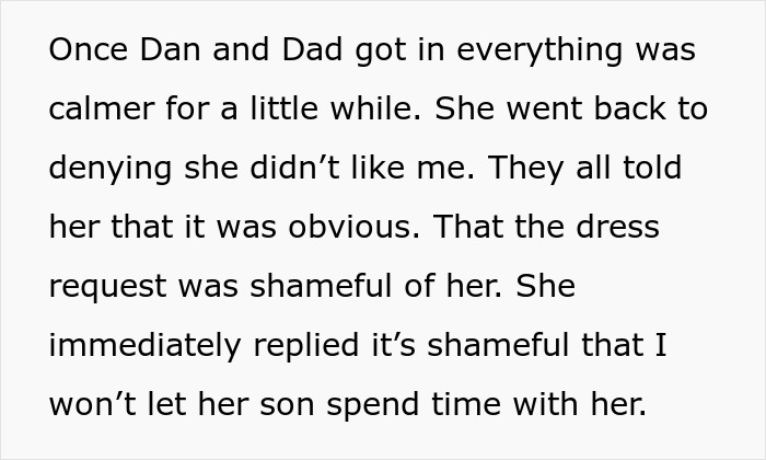 Text about a bride's dress request causing tension with her fianc&eacute;'s mother, creating a family disagreement.