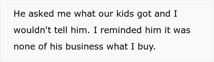 Text expressing boundary with ex-partner regarding Christmas gifts for children. Text expressing boundary with ex-partner regarding Christmas gifts for children.
