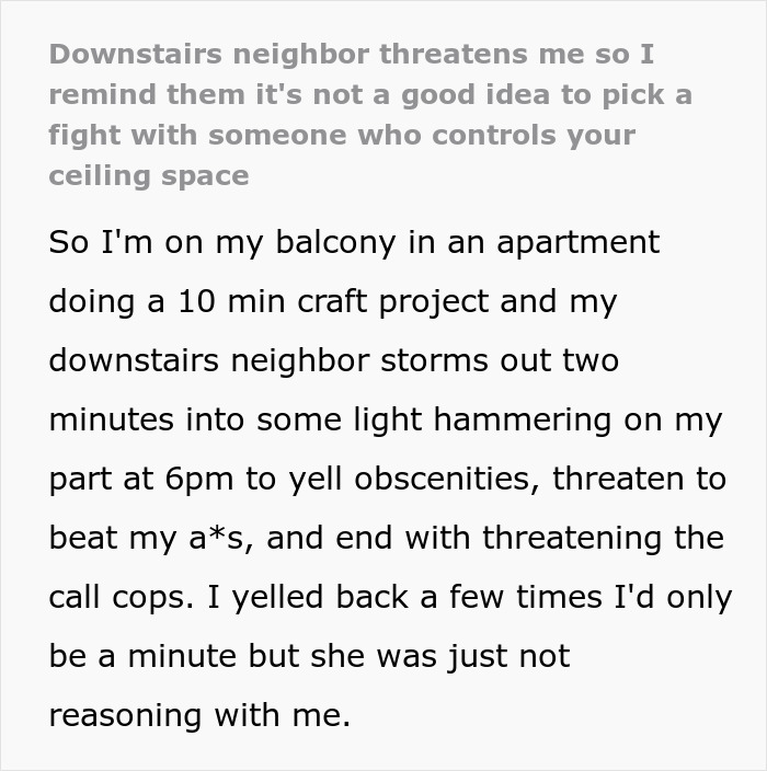 Text conversation about a noisy craft project and a neighbor's angry reaction, highlighting tensions over noise.