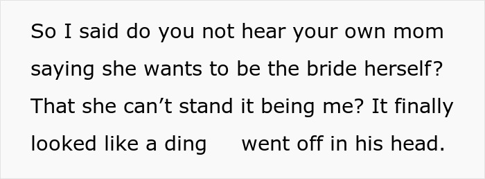 Text discussing a bride's frustration with fianc&eacute;'s request to avoid wearing a white wedding dress to accommodate his mom.