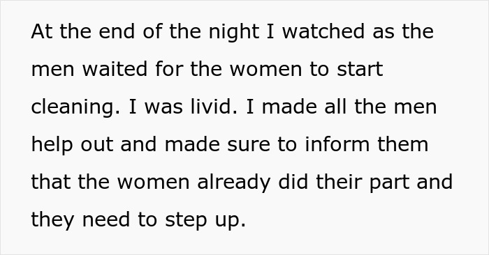 Text describing a workplace scenario where men are encouraged to step up and help after an office Christmas party.