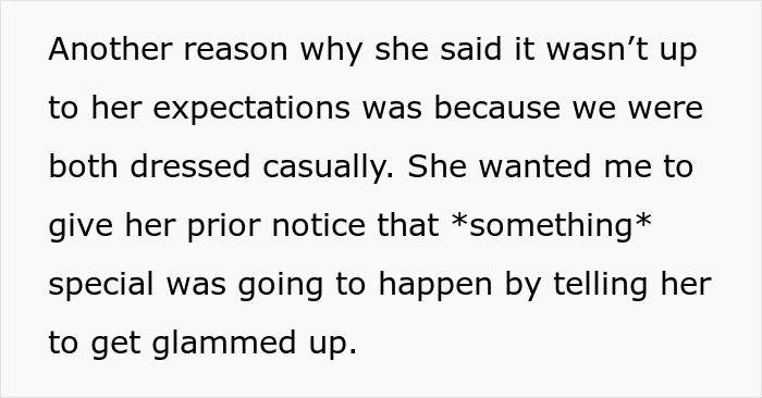 Text about a proposal rejection due to not meeting expectations, focusing on casual attire and lack of prior notice for a special event.