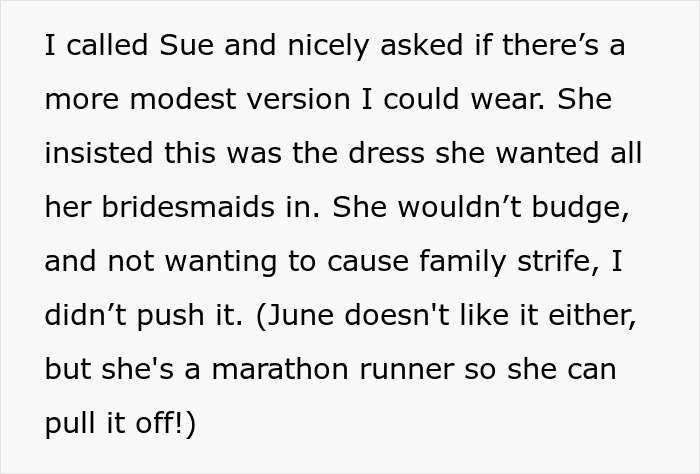 Text discussing a woman altering a bridesmaid dress for modesty, leading to wedding ban controversy.