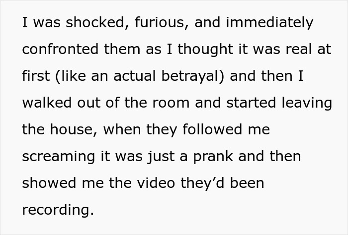 Text describing a woman's reaction to a prank affecting her relationship. Text describing a woman's reaction to a prank affecting her relationship.