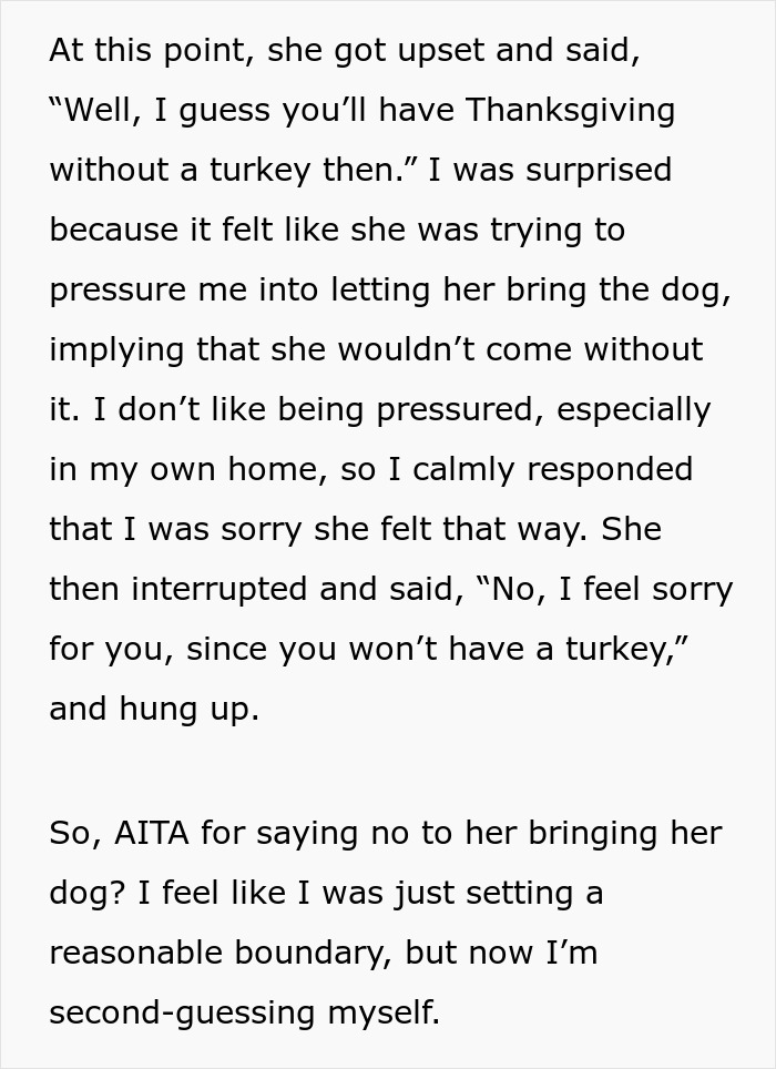 Text about a woman upset over Thanksgiving turkey after a friend denies her request to bring her dog to a party. Text about a woman upset over Thanksgiving turkey after a friend denies her request to bring her dog to a party.