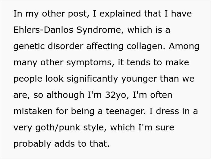 Text excerpt about Ehlers-Danlos Syndrome, describing age appearance and goth/punk style.