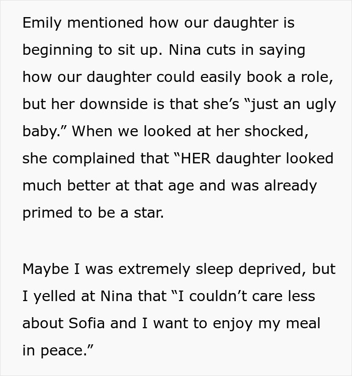 Text about a guy reacting to critiques on his wife's and baby's looks, defending his family against comments.