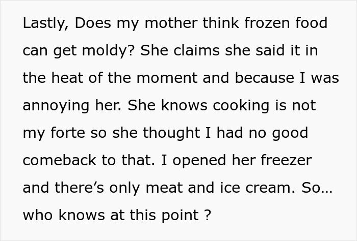 Text questioning if frozen food gets moldy, reflecting on Thanksgiving dish concerns.