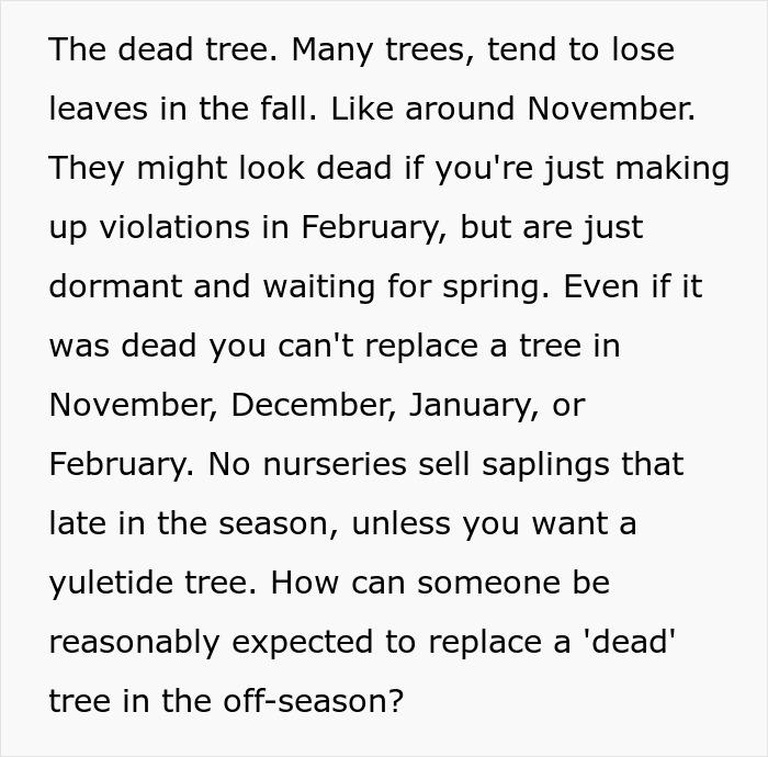 Text discussing trees looking dead in winter, addressing false HOA violations regarding tree replacement in off-season. Text discussing trees looking dead in winter, addressing false HOA violations regarding tree replacement in off-season.