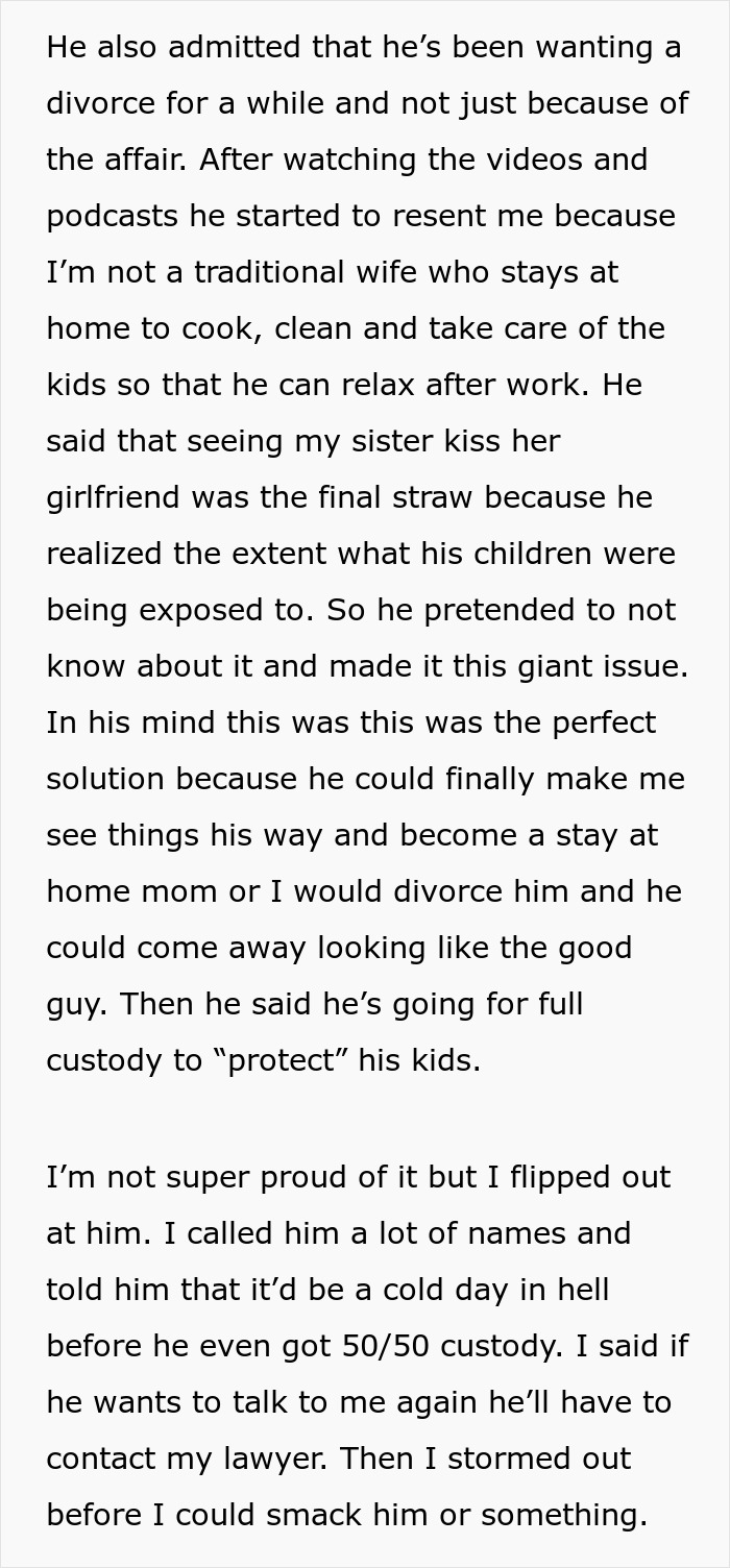 Text reveals husband's real reasons for custody demands involving kids and gay aunt. Wife responds strongly to husband's actions.
