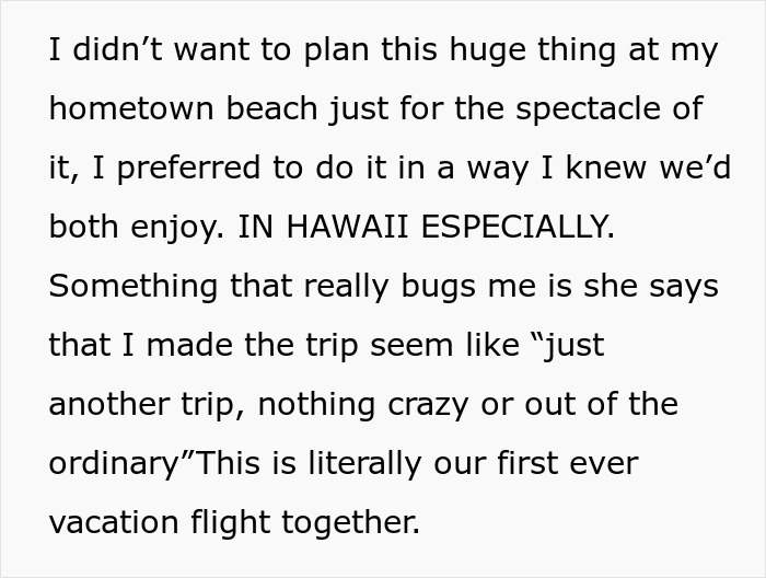 Text of a man sharing his disappointment over a rejected proposal that happened during a Hawaii vacation.