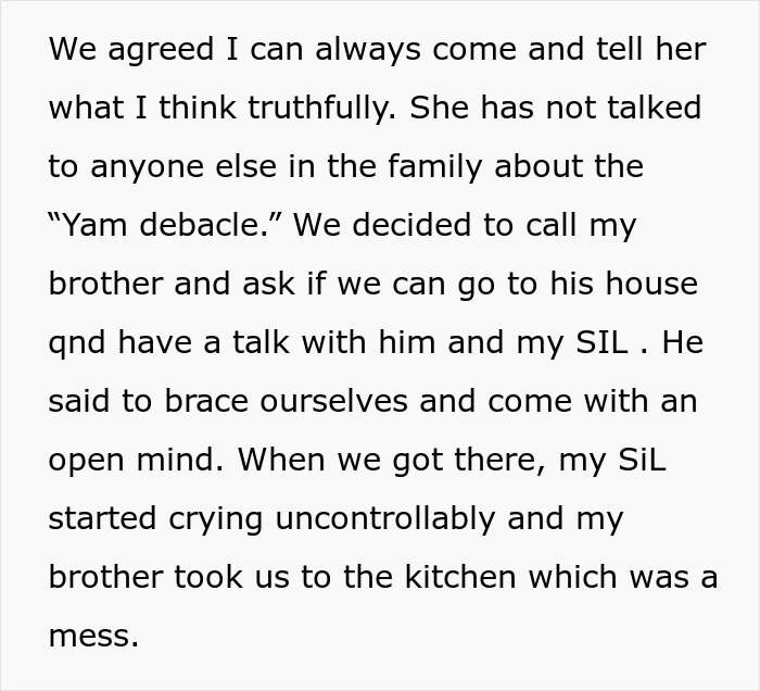 Text describing a family discussion about the "Yam debacle" from Thanksgiving.