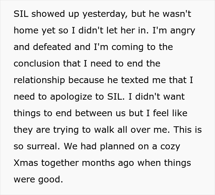 Text message from girlfriend feeling defeated about man's toxic sister testing boundaries. Text message from girlfriend feeling defeated about man's toxic sister testing boundaries.