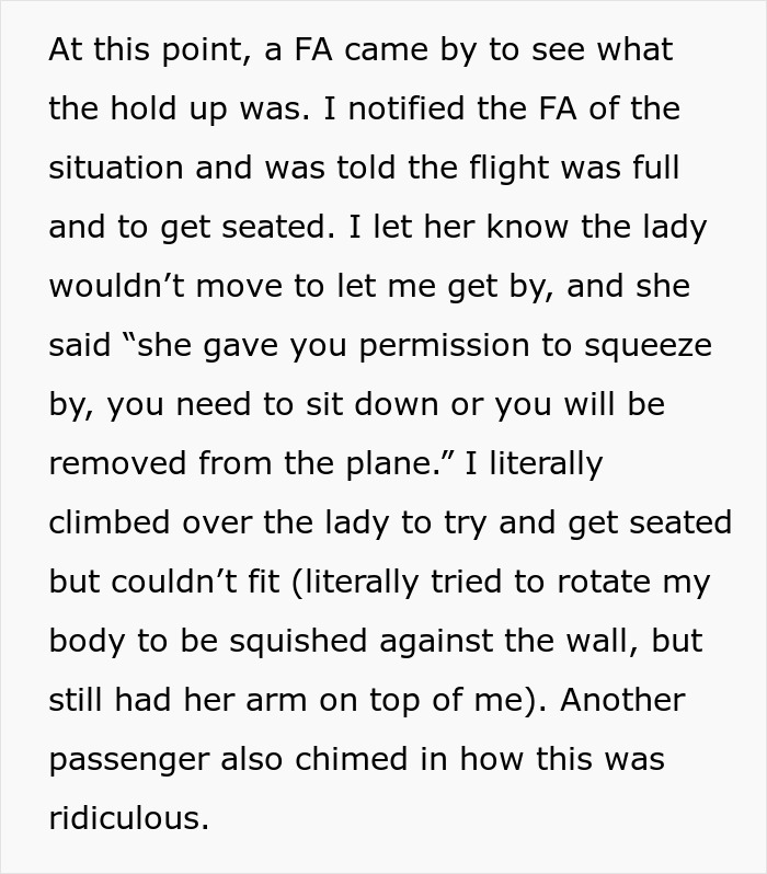 Text recounts a passenger's conflict with a flight attendant over seating next to an "extremely obese" seatmate.