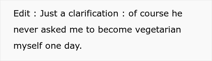 "Text message clarifying a vegan did not ask woman to become vegetarian.