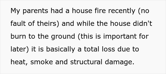 Text discussing aftermath of house fire with total loss due to heat, smoke, and structural damage.