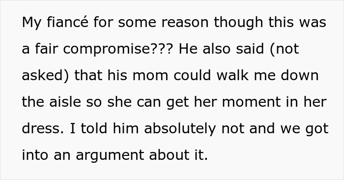 Text snippet about a fianc&eacute; suggesting his mom walk the bride down the aisle instead.