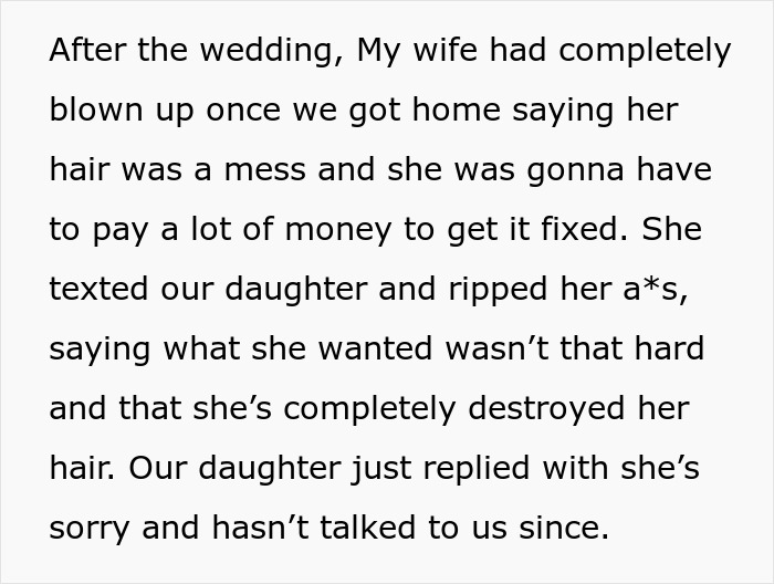 Text describing a woman's demands about her hair at her daughter's wedding, leading to family tension.