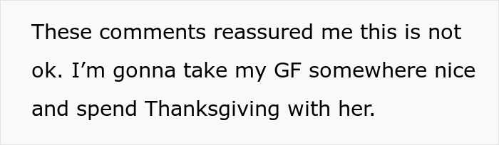Text discussing family inviting ex to Thanksgiving and Christmas; person decides to celebrate elsewhere with girlfriend.