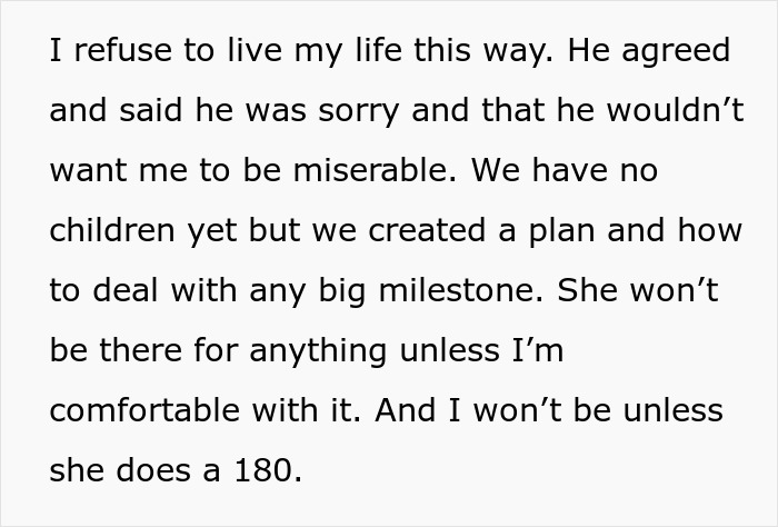 Text discussing wedding planning and boundaries related to a fianc&eacute; and bride, mentioning comfort and big milestones.