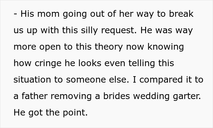 Text discussing a fianc&eacute;'s mom's request for the bride not to wear a white wedding dress for her comfort.