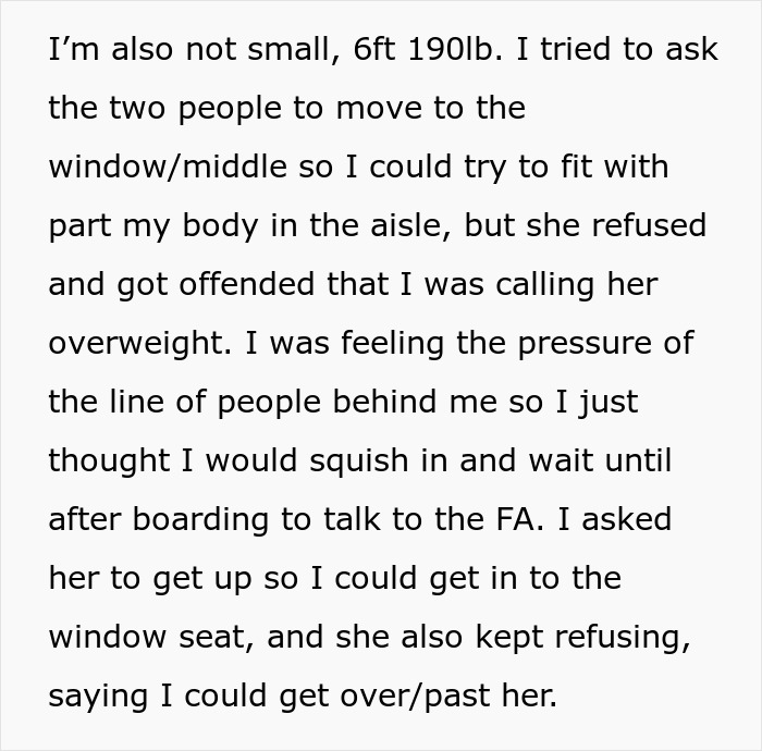 Text describing a passenger's discomfort and request to move due to an "extremely obese" seatmate on a flight.