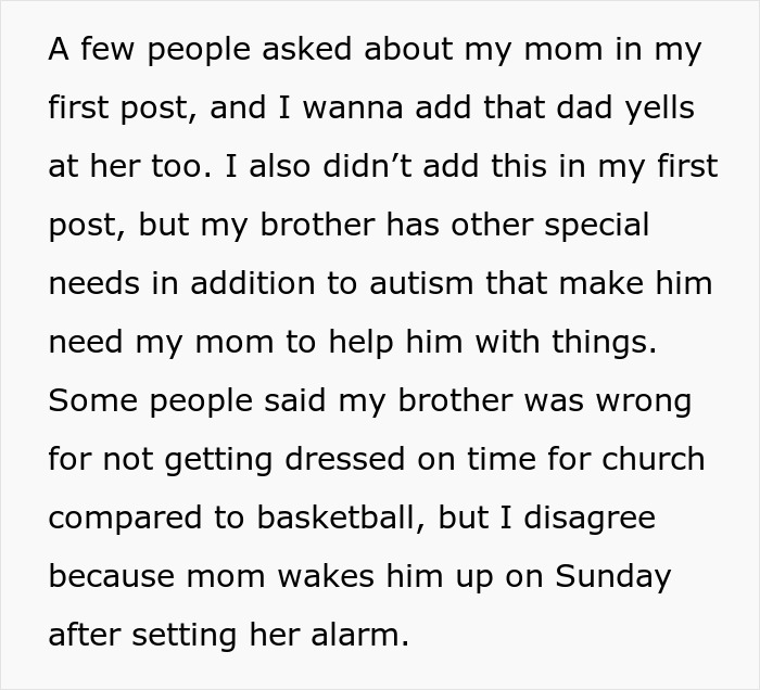 Text discussing family prioritizing sports over church activities, highlighting special needs and family dynamics. Text discussing family prioritizing sports over church activities, highlighting special needs and family dynamics.