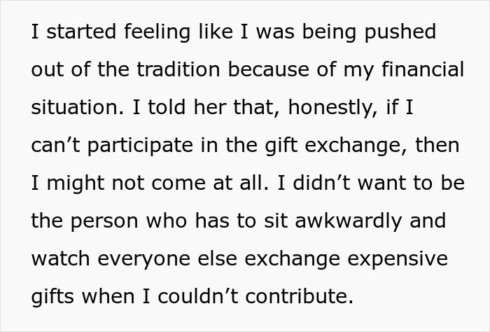 Text about a woman considering skipping a family Xmas party due to White Elephant gift costs. Text about a woman considering skipping a family Xmas party due to White Elephant gift costs.