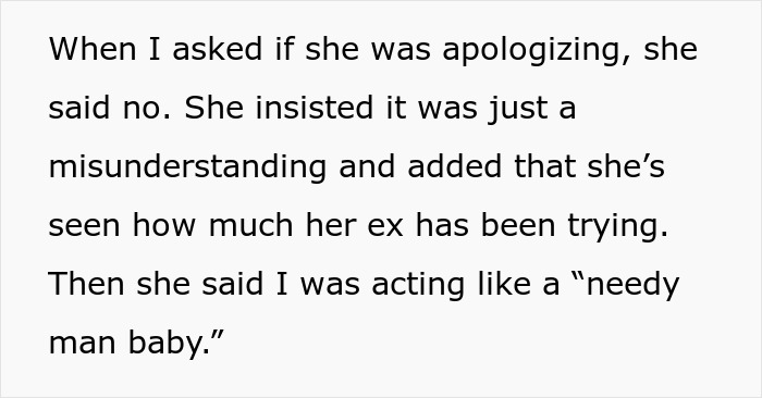 Text about a wife's refusal to apologize and her belief in her ex's efforts, leading to a marriage conflict.