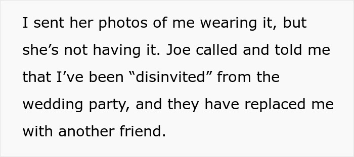 Text message about being removed from a wedding party after altering a bridesmaid dress.