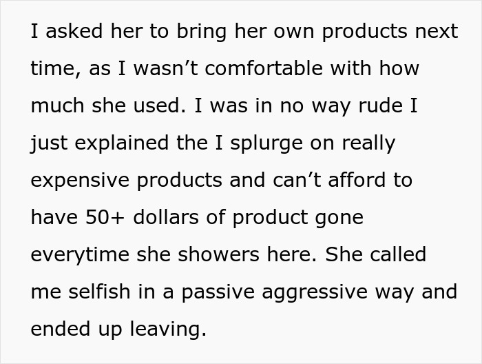 Text screenshot about teen using SIL's expensive products and response to bring her own next time. Text screenshot about teen using SIL's expensive products and response to bring her own next time.