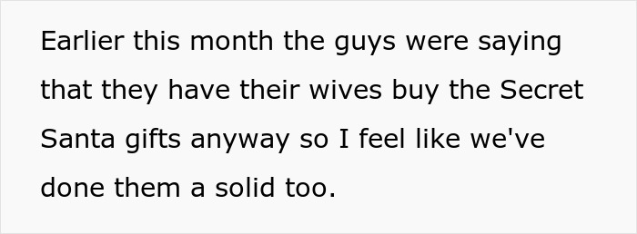 Text image expressing frustration about Secret Santa planning and mentioning wives buying gifts.