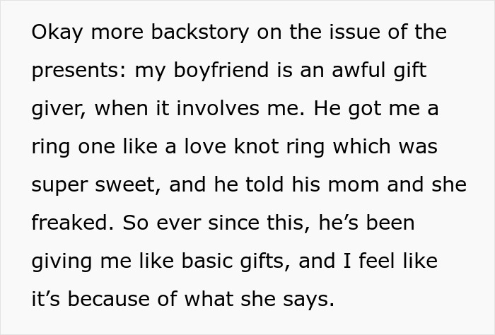Text describing resentment due to boyfriend giving better gifts to his mother than to his partner.