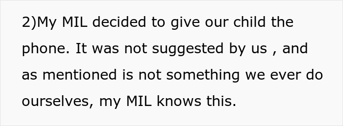 Text explaining MIL's decision to give their child a phone against parental advice. Text explaining MIL's decision to give their child a phone against parental advice.
