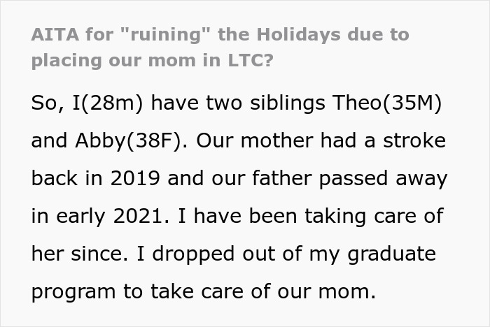 Text discussing siblings' reactions to placing their mom in a care facility before the holidays. Text discussing siblings' reactions to placing their mom in a care facility before the holidays.