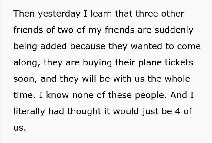 Text from a traveler about unexpected changes to a planned Japan trip with friends. Text from a traveler about unexpected changes to a planned Japan trip with friends.