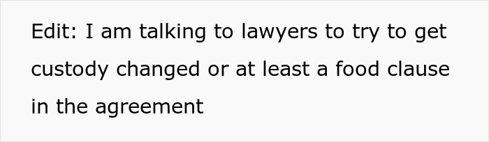 Text message discussing custody change and food clause with lawyers. Text message discussing custody change and food clause with lawyers.